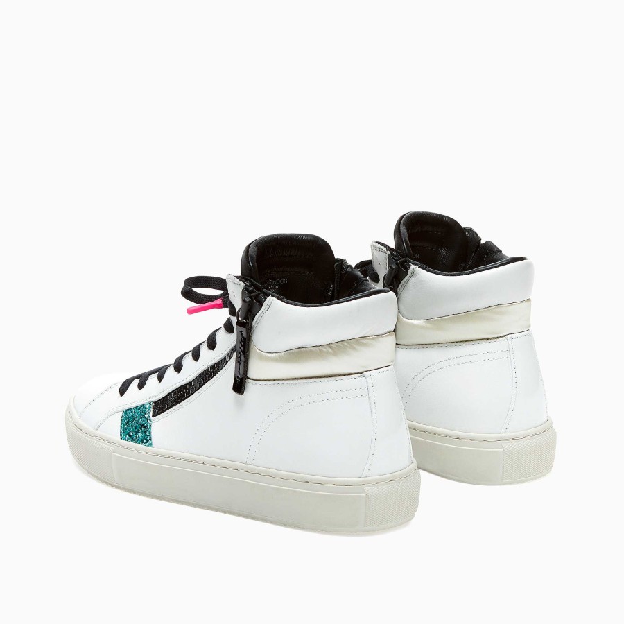 Donna Crime London | High Top Doppia Zip Bianco-Blu Glitter