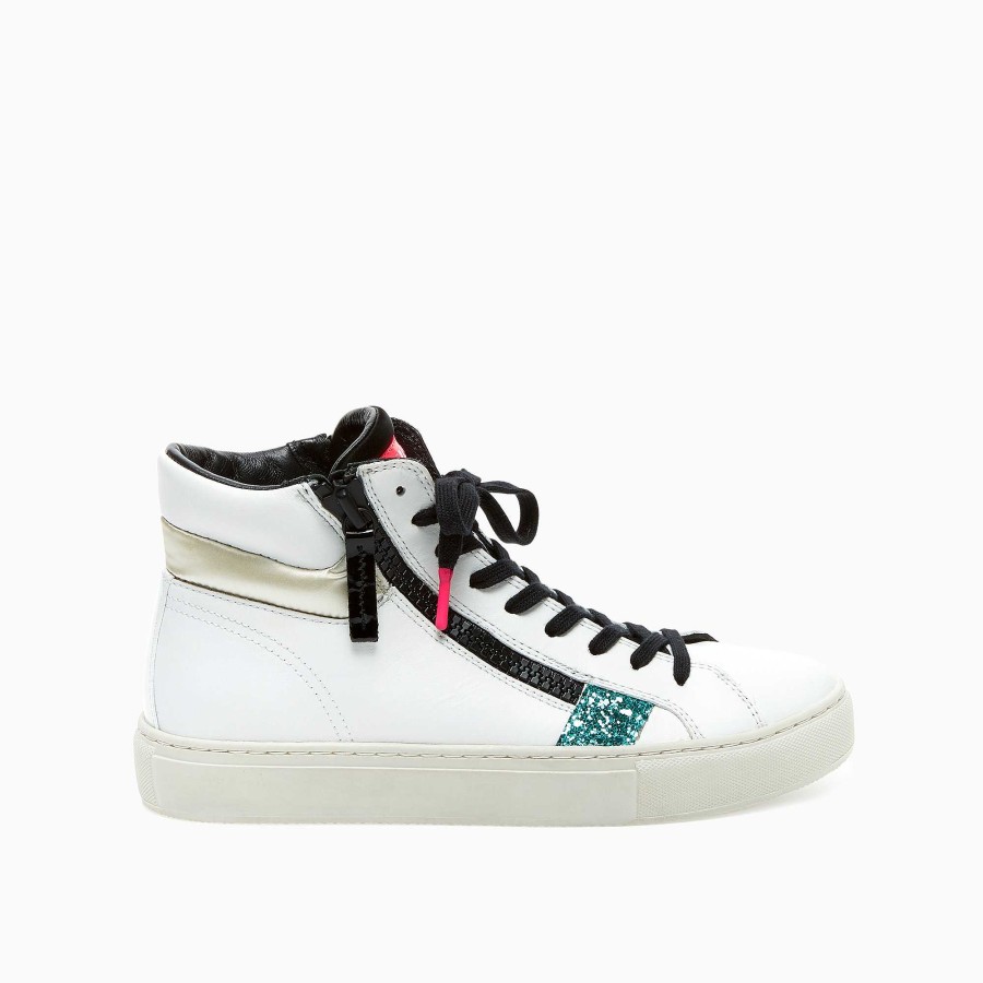 Donna Crime London | High Top Doppia Zip Bianco-Blu Glitter